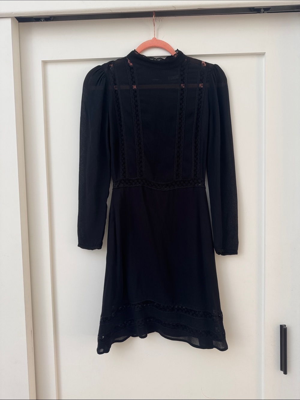 Black Long-Sleeve Lace Trim Midi Dress